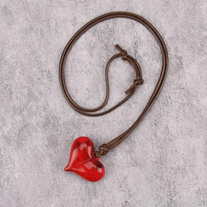 Leather Necklace for Women Long Boho Pendant Hippie Choker Necklace Bohemian Layered Leather Rope Wooden Jewelry Gifts - style: Red Heart Necklace