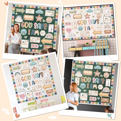 Christian Bulletin Board Decorations Classroom Motivational Bulletin Board for Welcome Back Boho Rainbow God Says I Am Cutout Inspirational Religious Wall Decors for Sunday School Home Church Supplies