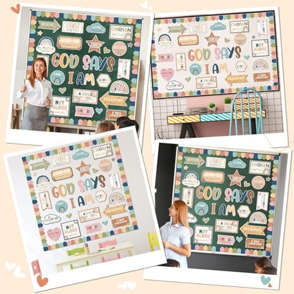 Christian Bulletin Board Decorations Classroom Motivational Bulletin Board for Welcome Back Boho Rainbow God Says I Am Cutout Inspirational Religious Wall Decors for Sunday School Home Church Supplies