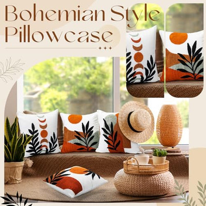 Mixweer 4 Pcs Boho Pillow Covers Set, 18 x 18 Inch Embroidered Pillow Cases, Sunset Leaf Mountain Boho Style Square Throw Cushion Cover for Couch Sofa Bed Bohemian Home Decor - style: Bohemian