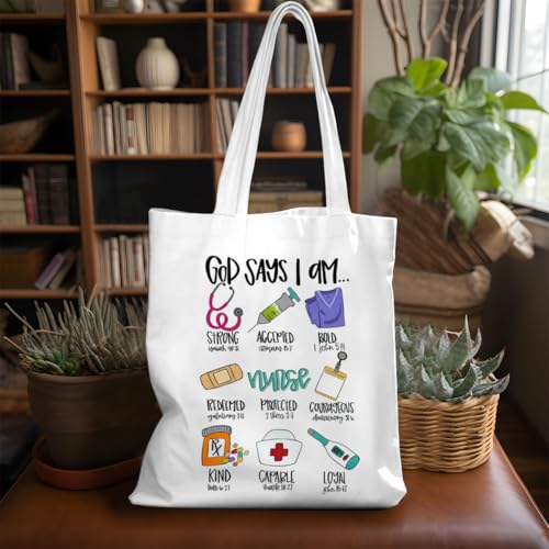 VICBOU Bible Verse Canvas Tote Bag, Inspirational Religious Christian Gifts for Women Men Canvas Tote Reusable Grocery Bags - color: Godsays06