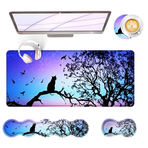 Large Keyboard Mouse Pad Set, Extended Mouse Pad+Keyboard Wrist Rest Support, Memory Foam Ergonomic Easy Typing, 4Pcs (31.5×11.8 in) Desk Pad Set for Office Home,Black Cat Under Starry Night - color: Black Cat Under Starry Night