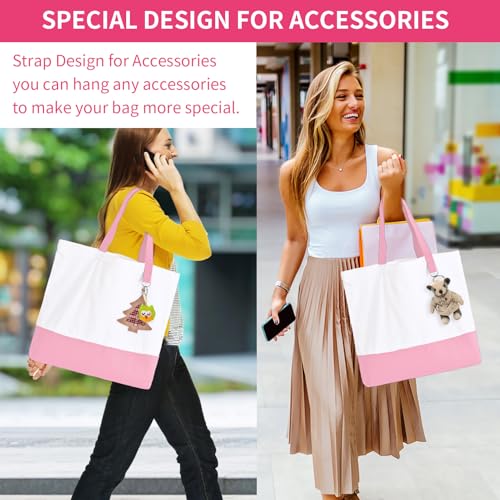 6-Pack Canvas Tote Bag with Zipper, Large Reusable Grocery Tote, Pink - color: Pink/White
