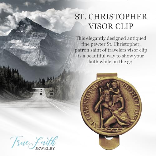 True Faith Jewelry Pewter Round St Christopher Medal Visor Clip for Car, Patron Saint of Travelers, Gift for New Driver, Fine Pewter (92% Tin), 1-7/16 x 1-7/16 Inch - size: St. Christopher (Round) 2
