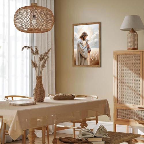 Framed Jesus and Lamb Wall Art, 3D Textured Sandstone Christian The Lost Lamb Wall Decor Paintings, Jesus Leaves the 99 Sheep Pictures Prints Home Decor for Living Room Church Prayer Room 16x24 inch - color: Jesus Holding Sheep, size: 24"L x 16"W