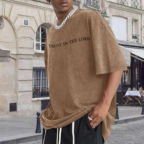 Wrenpies Mens Oversized Christian Shirts God Faith Jesus Religious Tshirts Trust in The Lord Bible Verse Tees Acid Wash Tops - color: Coffee, size: Medium