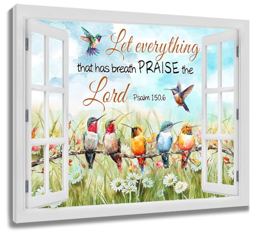 LB Watercolor Hummingbird Wall Art with Bible Quote - Floral Scripture Canvas Print Framed Ready to Hang, Vibrant Floral Bird Design for Living Room Bedroom Office Bathroom Decor, 16x20 Inch Home Gift - color: White, size: 16"L x 20"W