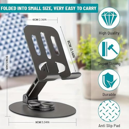 360° Rotating Metal Phone Stand, Foldable Adjustable Desktop Holder, Stable Universal Mount for All Smartphones & Tablets, Ideal Office/Home Desk Accessory(Gray) - color: Gray