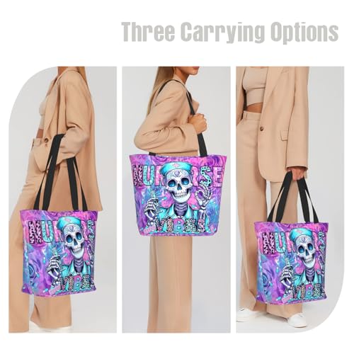 Tote Bag for Women，Everyday Carry Large Capacity Reusable Shopping Bag With Zipper For Groceries Work & Travel - color: Purple Skull Nurse