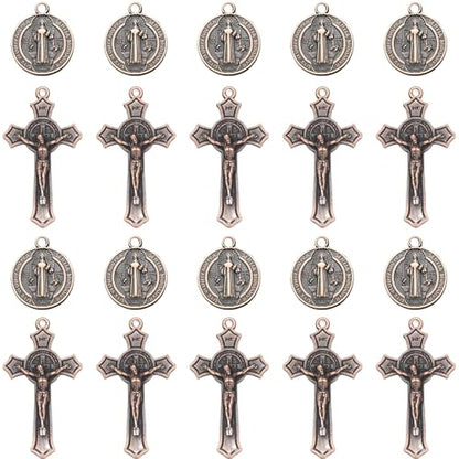 20 Pcs Catholic Rosary Making Kit, 10 St. Benedict Medals & 10 Crucifix Cross Pendants, Antique Bronze Metal Charms Connectors for DIY Pocket Rosaries, Necklaces and Jewelry Crafts (Dark Bronze) - color: Dark Bronze