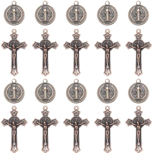 20 Pcs Catholic Rosary Making Kit, 10 St. Benedict Medals & 10 Crucifix Cross Pendants, Antique Bronze Metal Charms Connectors for DIY Pocket Rosaries, Necklaces and Jewelry Crafts (Dark Bronze) - color: Dark Bronze