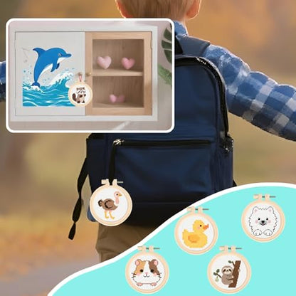 57lilina Easy Embroidery Kit for Kids Beginners, 6 Set Cute Stamped Pattern - color: Duck+Raccoon+Ostrich+Guinea Pig+Sloth+Samoyed