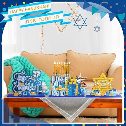 Shellwei 6 Pcs Hanukkah Table Decorations Hanukkah Wooden Table Sign Happy Hanukkah Table Centerpiece Gnome Menorah Hexagram Wooden Signs for Chanukah Home Table Tier Tray Party Decor - style: Hanukkah Style