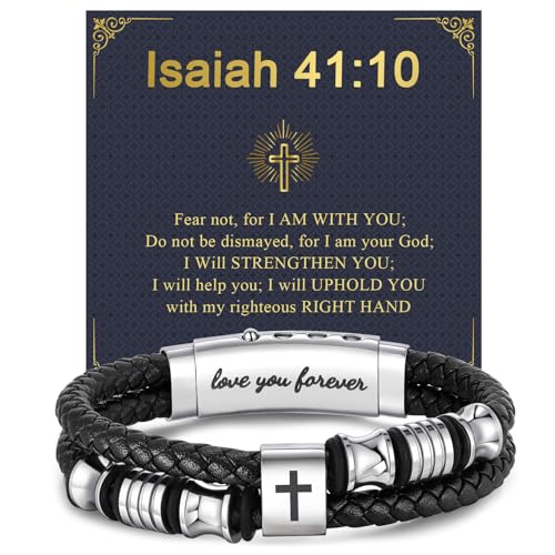Men's Leather Cross Bracelet - Silver Double Row Braided Leather Cross Bracelet for Men with Inspirational Bible Verse Card, Faith Christian Religious Gift for Husband Son on Baptism Easter Birthday - color: Isaiah 41:10
