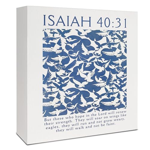Christian Desk Home Decor, Blue Christian Pigeon Eagle Wooden Box Sign, Isaiah 40:31 Bible Verses Wood Signs for Home Office Desk Shelf Table Decor, 5x5 Inch - color: Isaiah 40:31