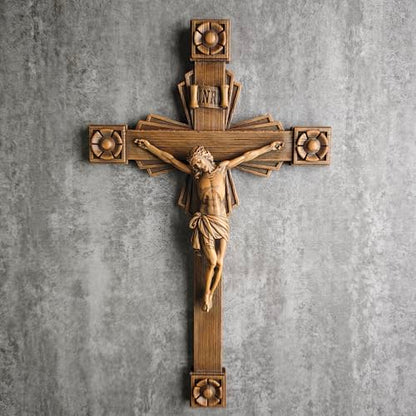 BC Catholic Crucifix Wall Cross, Jesus Christ Home Decor, Wood Carve Looking, 12"H, Hand Painted by Buildclassic - color: Wooden