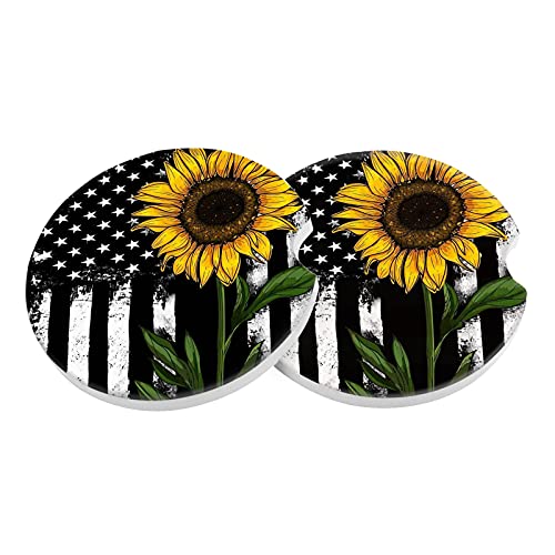 Car Coasters 2 Pack, Small 2.56" Stone Car Cupholder Absorbent Coaster Set for Women Men Drink Cup Holder Coasters (Black Sunflower) - color: Black Sunflower