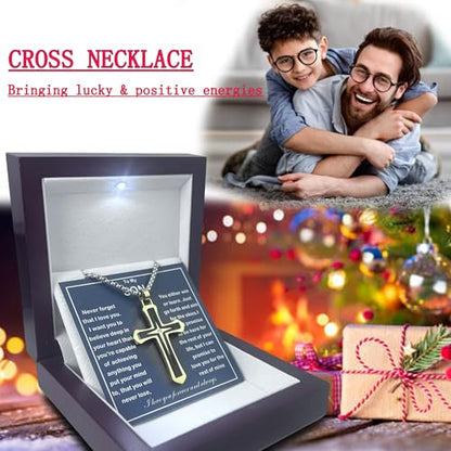 MGOOL Son Gifts From Mom To My Son Necklace From Dad Faith Cross Necklace Present Graduation Birthday Gifts Message Card＆LED Gift Box - color: SN928 Gold-black Wooden Led Box