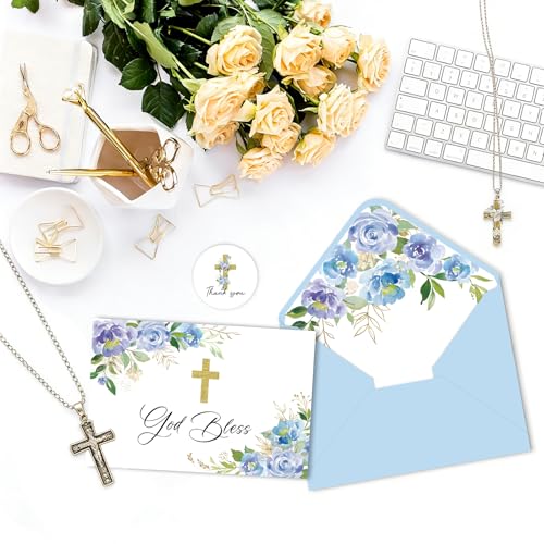 24 Pack Christian Thank You Cards, Watercolor Blue Floral Cross Baptism Thank You Cards with Envelopes & Stickers, VBS Thank You Cards First Communion & Religious Occasions - style: 24 Pcs - Blue Christian
