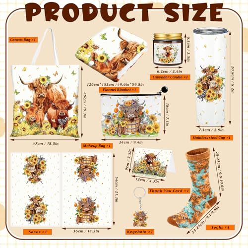 10 Pcs Highland Cow Gifts Set for Women Sunflower Cattle Tumbler Towels Cosmetic Bag Candle Pen Throw Blanket Socks Cards Keychain Handbag for Mom Staff Employee Cow Lover Birthday Gifts - style: Highland Cow