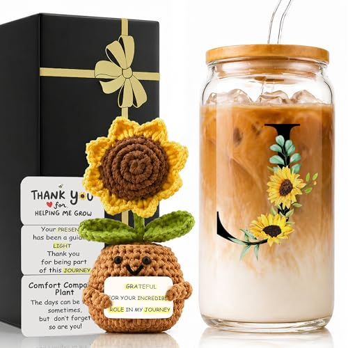 2 in 1 Personalized Glass Drinking Cup and Sunflower Doll Women Her Gift Happy Birthday for Girlfriend Sister Aunt Friend Funny Friendship Meaningful Unique Bestie Daughter in Cute Present J - style: Initial-J
