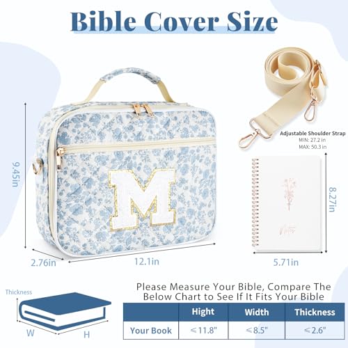 Personalized Initial Bible Cover Case for Women Bible Bag w/Study Supplies - color: Blue Flower, size: M
