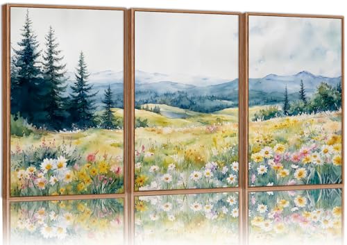 KaiWithYuan Watercolor Mountain Woodland Framed Canvas Wall Art, Nature Pine Tree Forest Wall Decor, Modern Daisy Flower Art Paintings, Cozy Meadow Artwork for Bedroom Living Room Office 16"x24"x3 - color: Watercolor Mountain Woodland