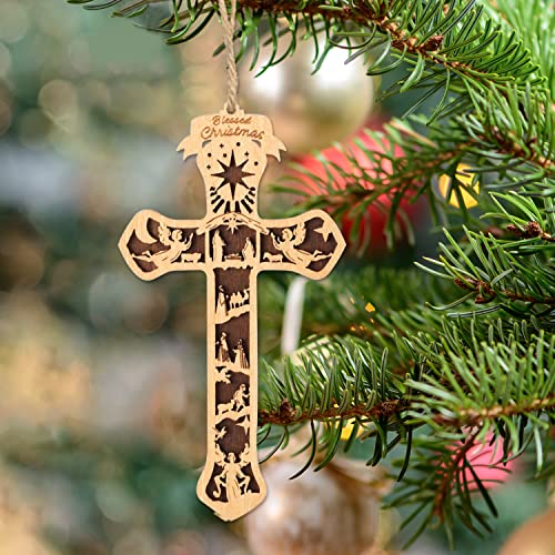 Creawoo Nativity Cross Christmas Story Ornament, Religious Holy Family Present for Family Friends and Christian, Wooden Nativity Scene Decoration for Xmas Tree - color: Nativity Cross