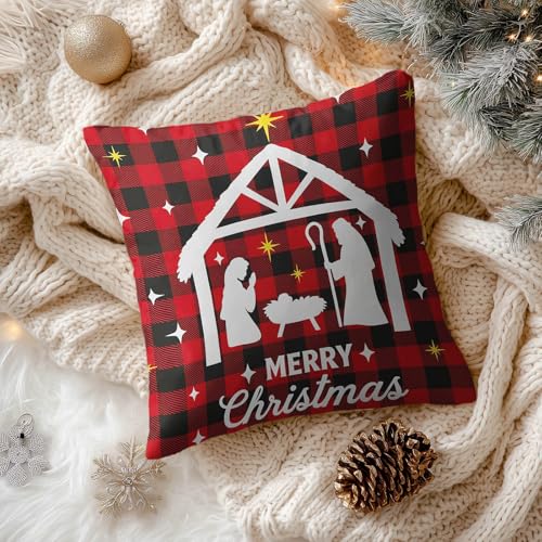 HOMETITUTE Set of 2 Christmas Nativity Plaid Pillow Covers 18x18 Inch - color: Christmas Throw Pillow Covers #07