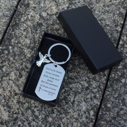 Inspirational Scripture Keychain with Angel Pendant - Bible Verse Key Chain Religious Gift for Christian - style: 1 Corinthians 13:13