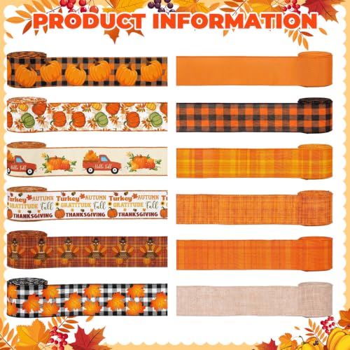 12 Rolls 60 Yards Fall Wired Ribbon for Wreaths Bows Crafts - style: Fall Pumpkin