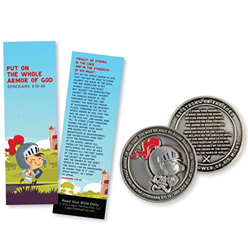 Kids Armor of God Bookmarks & Challenge Coin, Pack of 25 Kid's Bible Bookmarkers & 1 Matching High Relief Armour of God Christian Commemorative Souvenir Coin, Scripture Cards & Pocket Prayer Token - color: Kids Armor, size: Pack of 25 & Matching Challenge