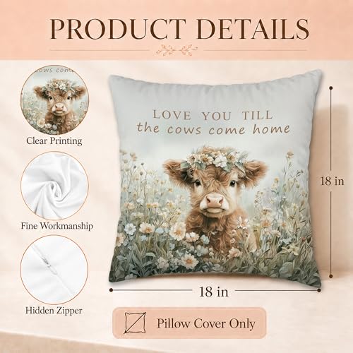 Rustic Floral Highland Cow Pillow Cover 18x18 - color: Highland Cow-1