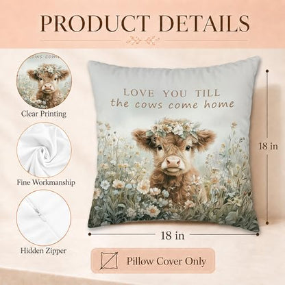 Rustic Floral Highland Cow Pillow Cover 18x18 - color: Highland Cow-1