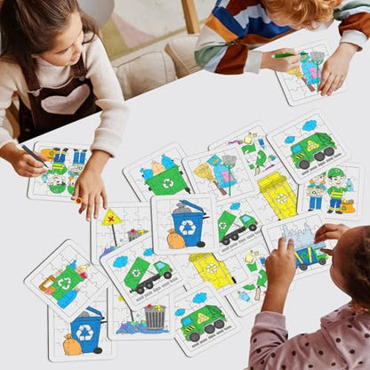 Cinrobiye 24PCS Garbage Truck Coloring Jigsaw Craft Kit for Kids, DIY Recycling Vehicle Activity Set Bulk with 12 Designs, Trash Day Birthday Party Favors, Classroom Learning Projects - color: Garbage
