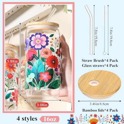 Mumufy 4 Pack Mexican Flower Glass Cup, 16 oz Tumbler Mug with Bamboo Lid - style: Mexican Flower