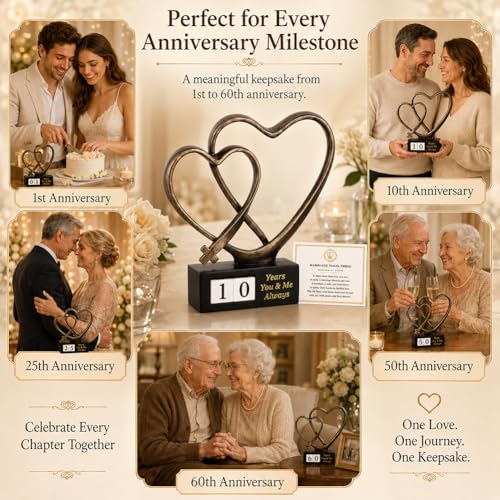 Wedding Anniversary Couples Gift - 1st to 50th or 60th for Wife Parents Husband, Wedding Gift for Couple, Two Hearts Decor and Cross Sculpture with Rotating Year, Printed Poem Card