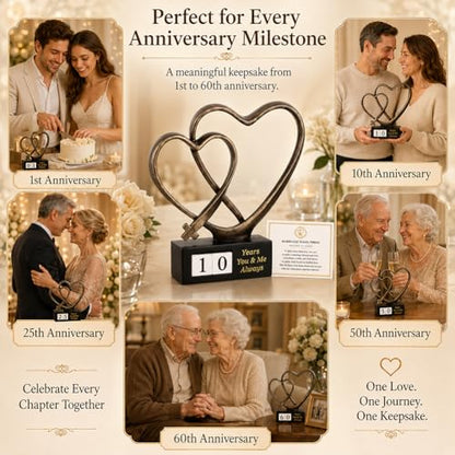 Wedding Anniversary Couples Gift - 1st to 50th or 60th for Wife Parents Husband, Wedding Gift for Couple, Two Hearts Decor and Cross Sculpture with Rotating Year, Printed Poem Card