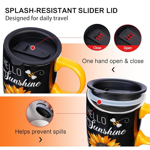 Topadorn 17oz Ceramic Travel Mug with Lid, Sunflower Coffee Mug - color: Black & Yellow