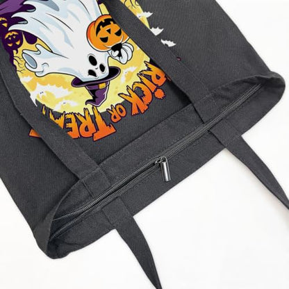 Canvas Tote Bag with Zipper, Halloween Trick or Treat Bags for Kids Bulk - color: [A0] Halloween - Black