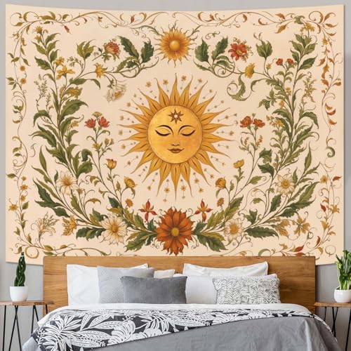 Haibimen Sun Boho Tapestry Green and Yellow Bohemian Flower Tapestry for Bedroom Vintage Floral Tapestries Wall Hanging for Living Room, Bedroom, Dorm (Yellow 1, 48''×36'') - color: yellow 1, size: 48"L x 36"W