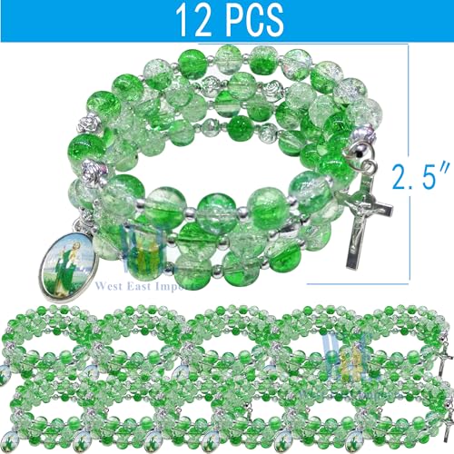 12 pcs Religious Wrap Rosary Bracelet, Green Beads with Cross and St. Jude Medal Charm, Memorial Prayer Favor - color: JA010S-grn