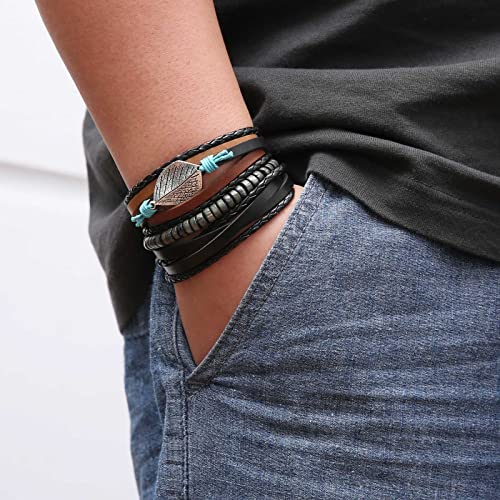 HZMAN Handmade Hemp Cords Wood Beads Leather Bracelets for Men Women - style: Leaves