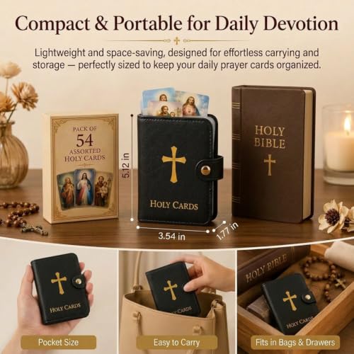 Catholic Faux Leather Holy Prayer Card Holder–pocket Organizer with 54 Cards Snap Closure for Mass Funeral Daily & Religious and Memorial Use Gifts Carrying Each Case Bag Closet Essentials