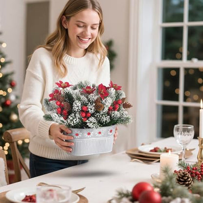 Christmas Centerpiece Table Decorations Artificial Norfolk Pine Branches with Poinsettia Flowers, Pine Cones & Berries in Metal Planter – Xmas Flower Arrangement for Christmas Décor & Dining Table