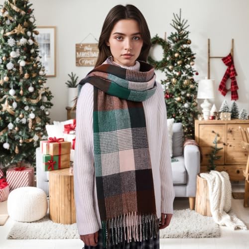 Clothirily Womens Winter Scarf, Oversized Long Blanket Plaid Shawl Wrap - color: Green Grey Lattice