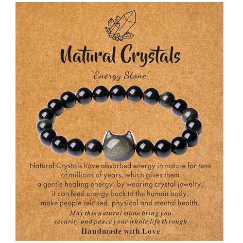 XIANNVXI Crystal Bracelet for Women Men 8 mm Natural Stone Beaded Bracelets Cat Bracelets Cross Bracelets Heart Bracelelt Jewelry for Women Birthday Gifts Stretch Bracelet - color: Gold Sheen Obsidian