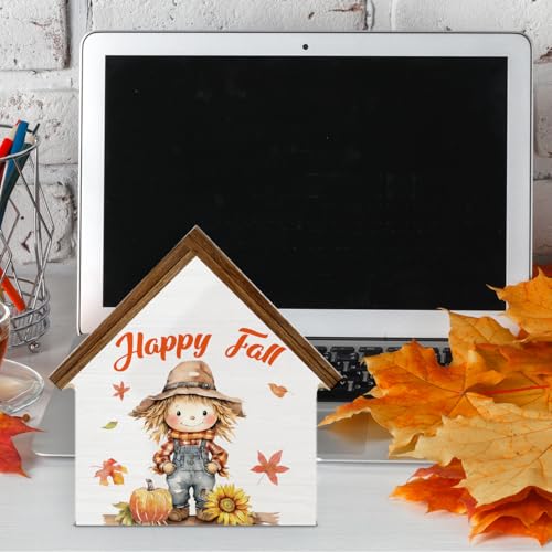 Scarecrows Fall Decor, Pumpkin Scarecrow Happy Fall House Shaped Wood Sign - color: Happy