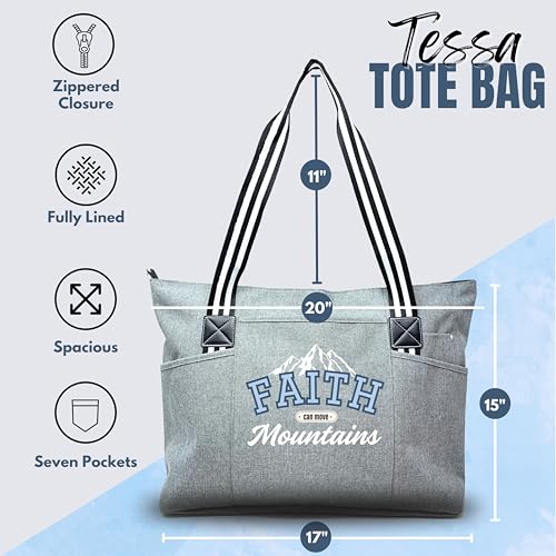Brooke & Jess Designs Church Bags for Women - Bible Tote Bags for Women, Large Tote Bag for Womens with Zipper - color: Gray Tessa Faith Can Move Mountains