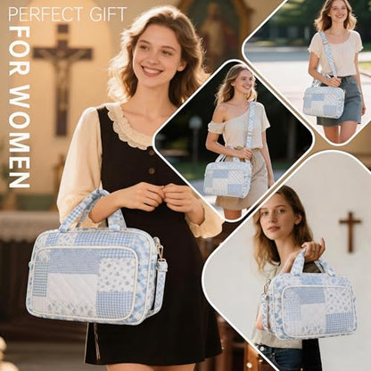 Bible Cover Case for Women Bible Study Supplies Christian Gifts for Women Church Camp Essentials Christian Bible Journaling Kit Quilted Large Bible Cover (Spliced Blue Flower, Large) - color: Spliced Blue Flower